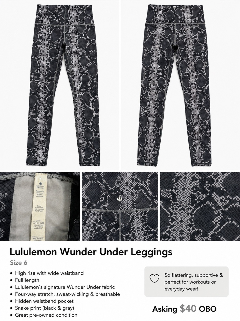 lululemon athletica Snake Print Wunder Under Leggings - Black & Gray
